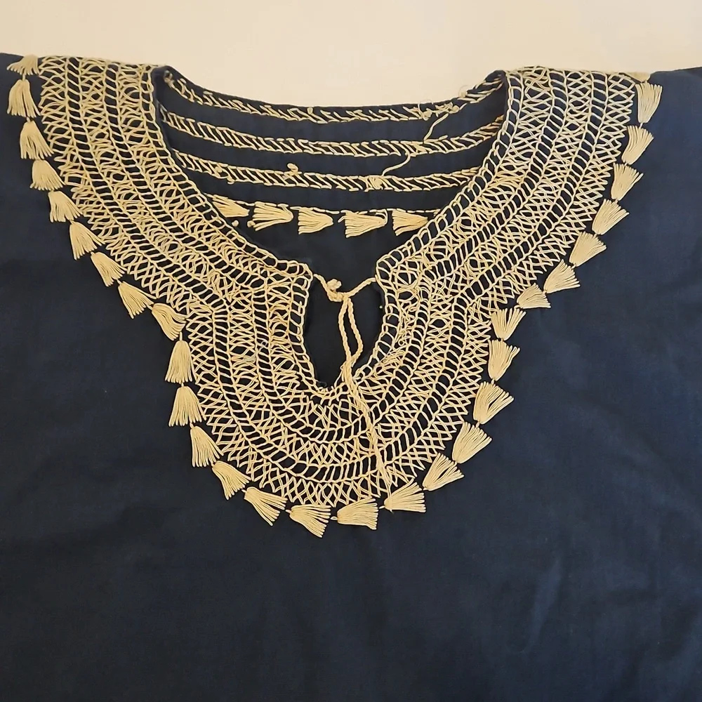 Women’s Navy Blue Embroidered Tunic Top with Cream Trim - Picture 2 of 9